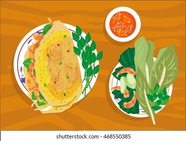 Banh Xeo Vietnamese Pancake that contains meat and greens.  Top view image or Flat Lay style Illustration. Editable Clip Art. 