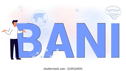 BANI Brittle Anxious Nonlinear Incomprehensible Business and symbol BANI world concept Acronym Easy to shatter, fear, disconnection between cause and effect, extremely difficult to understand