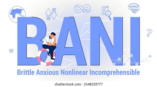 BANI Brittle Anxious Nonlinear Incomprehensible Business and symbol BANI world concept Acronym Easy to shatter, fear, disconnection between cause and effect, extremely difficult to understand