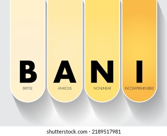 BANI - Brittle Anxious Nonlinear Incomprehensible acronym, encompasses instability and chaotic, surprising, and disorienting situations, concept for presentations and reports