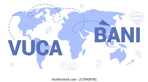 BANI vs VUCA world concept Acronym Brittle Anxious Nonlinear Incomprehensible Volatility Uncertainty Complexity and ambiguity of general conditions and situations. Business symbol