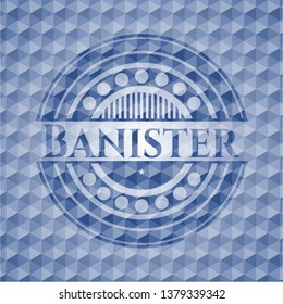 Banister blue emblem with geometric pattern background.