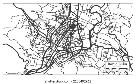 Banja Luka Bosnia and Herzegovina City Map in Black and White Color in Retro Style Isolated on White. Outline Map. Vector Illustration.