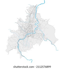 BanjaLuka, Republika Srpska, BosniaandHerzegovina high resolution vector map with city boundaries and editable paths. White outlines for main roads. Many detailed paths. Blue shapes for water.