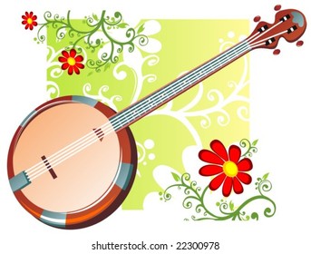 Banjo and abstract  floral pattern with curves and flowers.