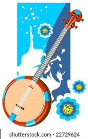 Banjo and abstract  floral pattern on a grunge background.