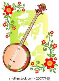 Banjo and abstract  floral pattern on a grunge background.
