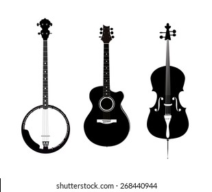 Banjo, Acoustic Guitar and Banjo - Set of orchestra and folk instruments, Vector Illustrations in black and white isolated on transparent background