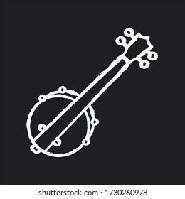 Banjo Chalk White Icon On Black Background. Traditional Western Musical Instrument. Bluegrass Band Live Performance. American Country And Jazz Concert. Isolated Vector Chalkboard Illustration