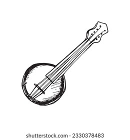 Banjo classical musical instrument vector illustration isolated. Symphony orchestra stringed Irish instrument ink hand drawn. Element black white for design wrapping, postcard, brochure, invitation