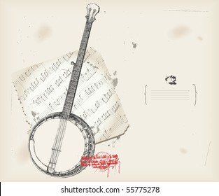 Banjo drawing- music instrument with score- background