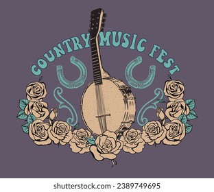 banjo con ilustración de vector de flores, arte de festival de música country, diseño de música country occidental para camisetas, pegatinas, afiches, impresos gráficos, música folclórica con rosas