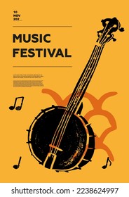 Banjo, folk. Music festival poster. String musical instruments. Competition. A set of vector illustrations. Minimalistic design. Banner, flyer, cover, print.