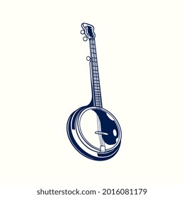 Banjo hand drawn engraving sketch. Stringed instrument with a thin membrane stretched isolated on white background. Musical acoustic instrument. Vector illustration vintage style