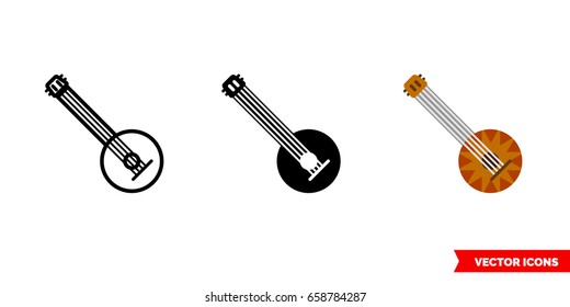 Banjo icon of 3 types: color, black and white, outline. Isolated vector sign symbol.