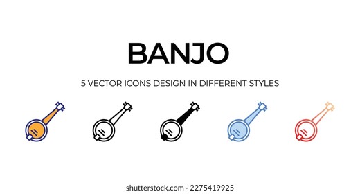 banjo Icon Design in Five style with Editable Stroke. Line, Solid, Flat Line, Duo Tone Color, and Color Gradient Line. Suitable for Web Page, Mobile App, UI, UX and GUI design.