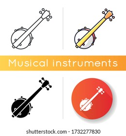 Banjo icon. Traditional western musical instrument. Bluegrass band live performance. American jazz concert. Play melody. Linear black and RGB color styles. Isolated vector illustrations