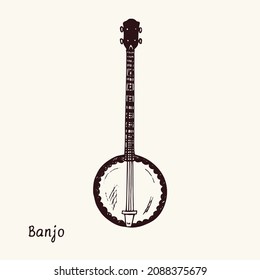 Banjo. Ink black and white doodle drawing in woodcut style with inscription.