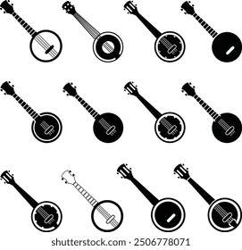 Banjo Instrument silhouette vector art illustration. Black music instrument rock, jazz silhouette. music band vector illustration icons set Vector design.