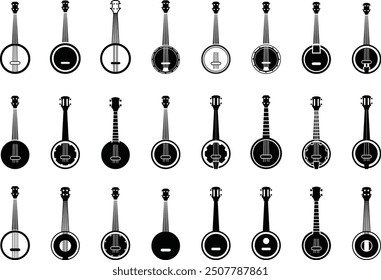 Banjo Instrument silhouette vector art illustration. Black music instrument rock, jazz silhouette. music band vector illustration icons set Vector design.