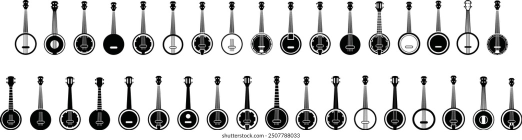 Banjo Instrument silhouette vector art illustration. Black music instrument rock, jazz silhouette. music band vector illustration icons set Vector design.