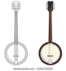 Ilustração de vetor de instrumento banjo. Design de guitarra banjo de seis cordas