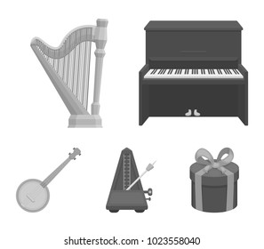 Banjo, piano, harp, metronome. Musical instruments set collection icons in monochrome style vector symbol stock illustration web.