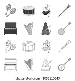 Banjo, piano, harp, metronome. Musical instruments set collection icons in outline,monochrome style vector symbol stock illustration web.