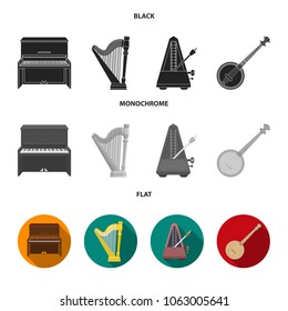 Banjo, piano, harp, metronome. Musical instruments set collection icons in black, flat, monochrome style vector symbol stock illustration web.