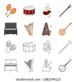 Banjo, piano, harp, metronome. Musical instruments set collection icons in cartoon, outline style vector symbol stock illustration web.