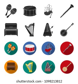 Banjo, piano, harp, metronome. Musical instruments set collection icons in black,flet style vector symbol stock illustration web.