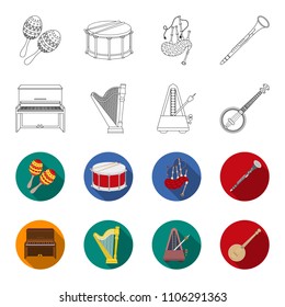 Banjo, piano, harp, metronome. Musical instruments set collection icons in outline,flat style vector symbol stock illustration web.