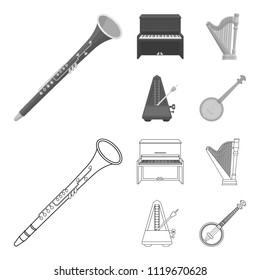 Banjo, piano, harp, metronome. Musical instruments set collection icons in outline,monochrome style vector symbol stock illustration web.