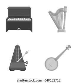 Banjo, piano, harp, metronome. Musical instruments set collection icons in monochrome style vector symbol stock illustration web.