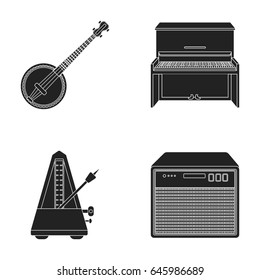 Banjo, piano,loudspeaker, metronome. Musical instruments set collection icons in black style vector symbol stock illustration web.