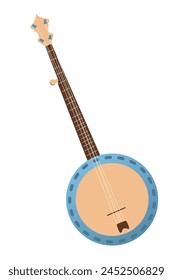 Banjo, stringed acoustic wooden banjo with fretboard. African-American music instrument. Cowboy aesthetic concept. Wild west, country style. Flat vector illustration isolated on white background.