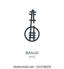 banjo thin line icon. music, musical linear icons from africa concept isolated outline sign. Vector illustration symbol element for web design and apps.