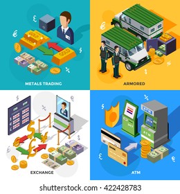 Bank 2x2 isometric design concept set with armored trucks cash machines metals trading and exchange rate compositions vector illustration