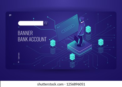 Bank account, accounting online service, data access process, artificial intelligence, man be registered in system, dark violet vector