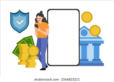 Bank account balance. Girl with phone. Vector simple color flat illustration.