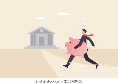 Bank Account Concept, Banking, Bank Security,  Fixed Deposit, Deposit Interest. Businessman Depositing Money Into Bank.