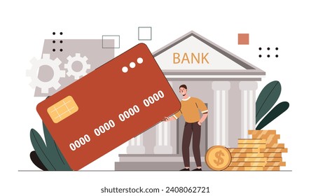 Bank account concept. Man with banking card near building and golden coins. Young guy with savings and budget, money. Financial literacy and occupation. Cartoon flat vector illustration