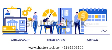 Bank account, credit rating, paycheck concept with tiny people. Financial services cartoon abstract vector illustration set. Debit card payment, money savings, loan and deposit metaphor.