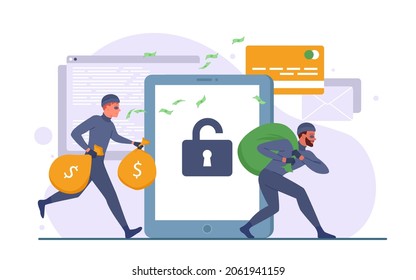 Bank account hacking with thiefs running with bag of money vector illustration. Spyware, theft, financial crime concept. Cartoon tiny robbers stealing online password and login information online
