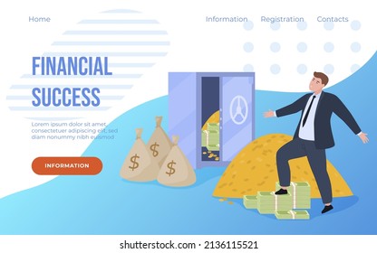 Bank account landing page financial success business man on stack cash money dollar vector isometric illustration. Advertising bill deposit investment safe storage. Savings currency wealth protection