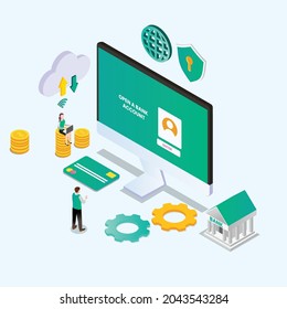 Bank account opening online 3d isometric vector illustration concept for banner, website, landing page, ads, flyer