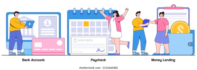 Bank account, paycheck, money lending concept with tiny people. Money transfer abstract vector illustration set. Online banking, savings deposit, payroll, bank credit card details, metaphor.