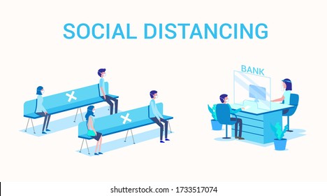 Bank Activity, Queuing At The Bank When Pandemic, Social Distance Concepts, Vector Flat Illustration