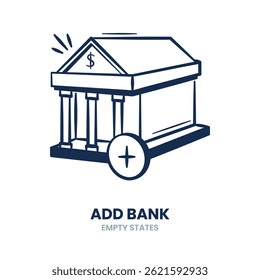 Bank, add bank, finance, business, setup, bank connect, add account, building, bank register. Vector Illustration