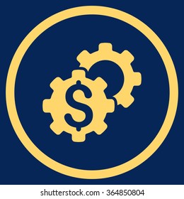 Bank Adjustment vector icon. Style is flat circled symbol, yellow color, rounded angles, blue background.
